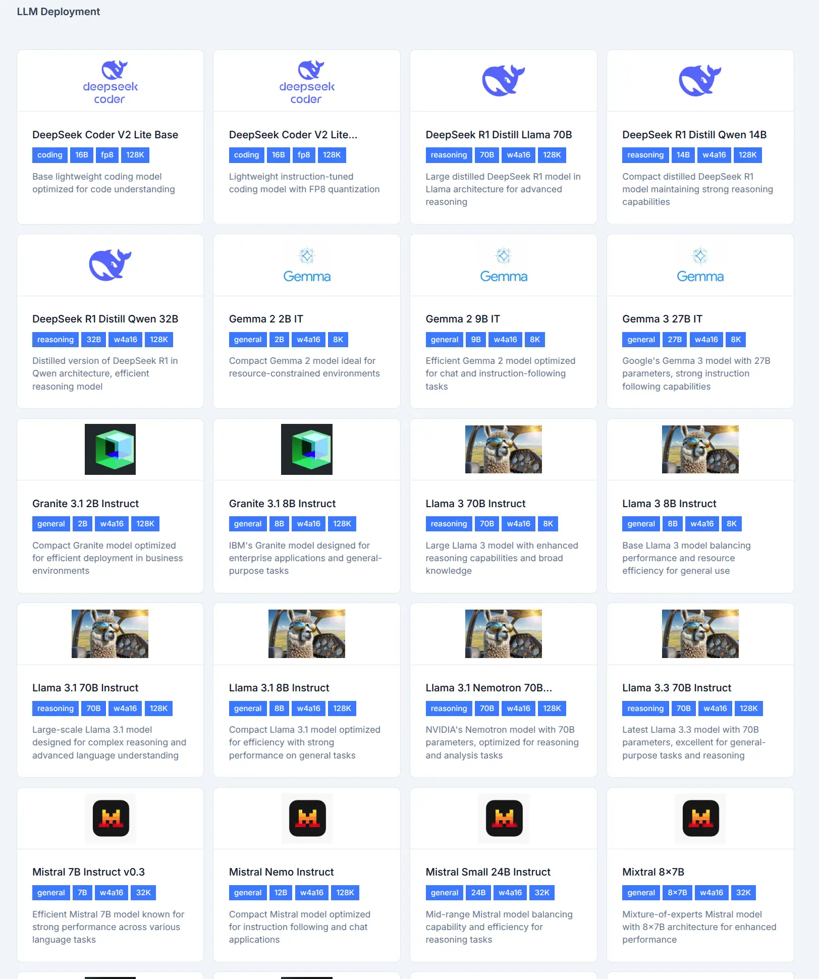 LLM model catalog showing pre-configured vLLM deployments