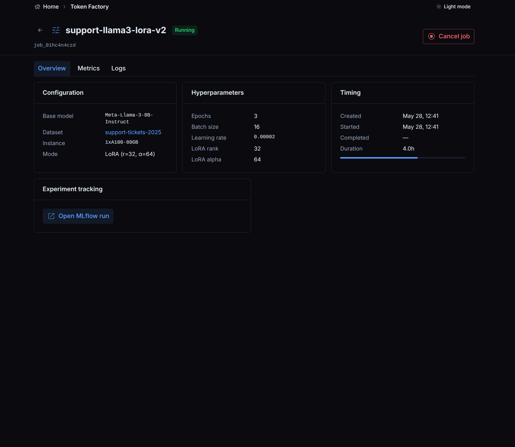 Fine-tuning job detail page showing configuration, hyperparameters, timing, and an experiment-tracking link