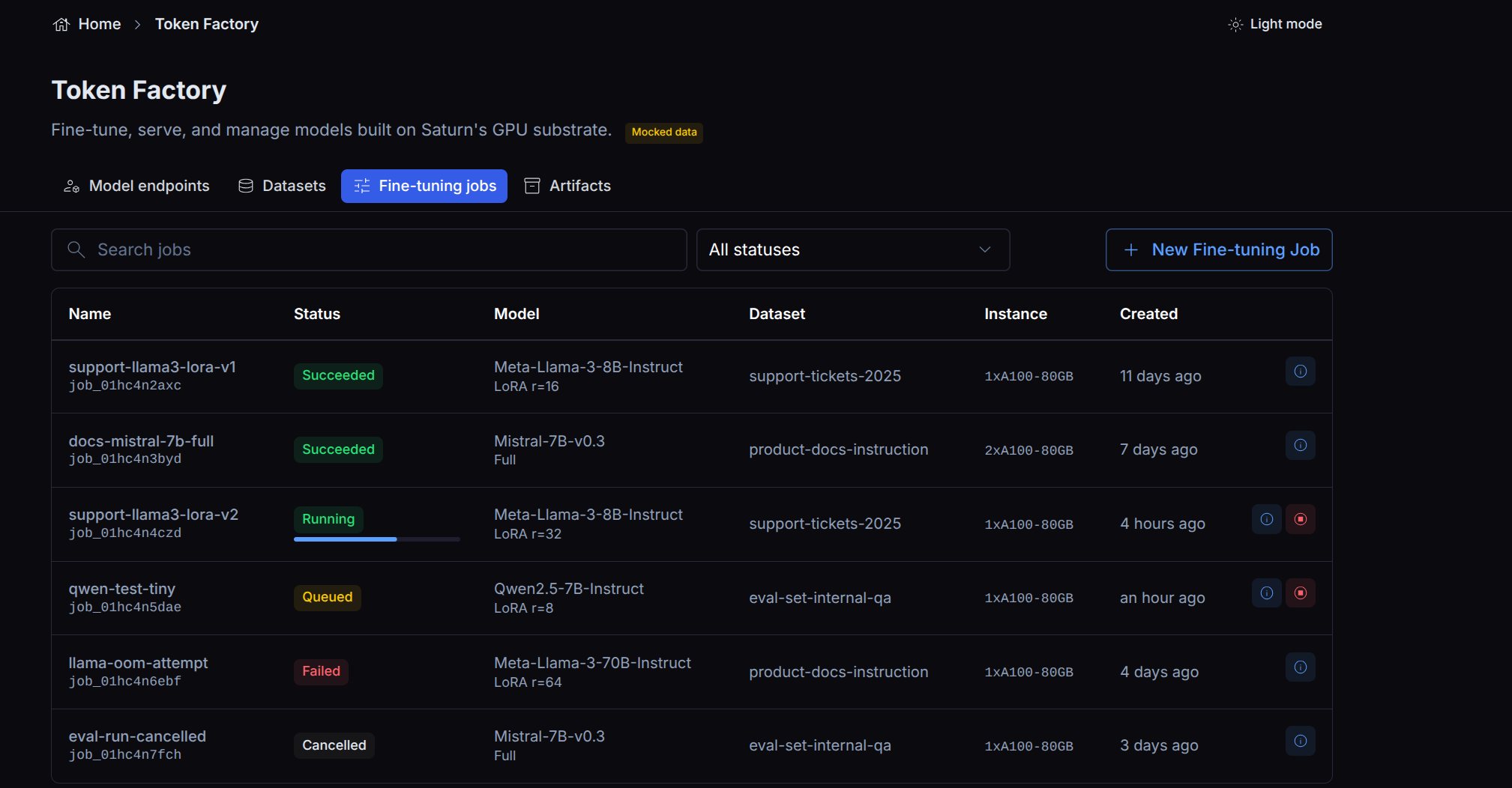 Token Factory fine-tuning jobs list showing each job's status, base model, dataset, and instance