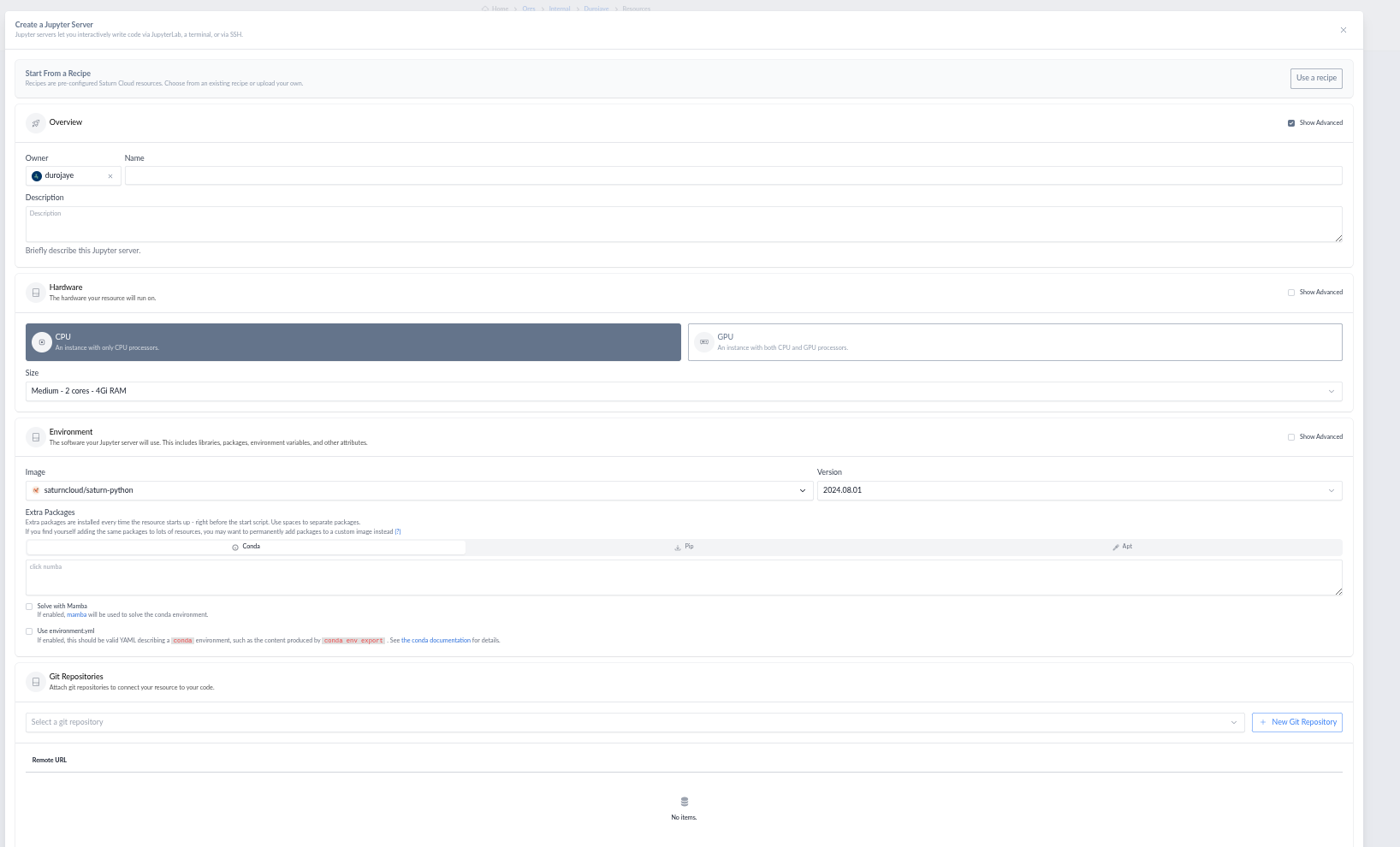 R server creation form showing all available options