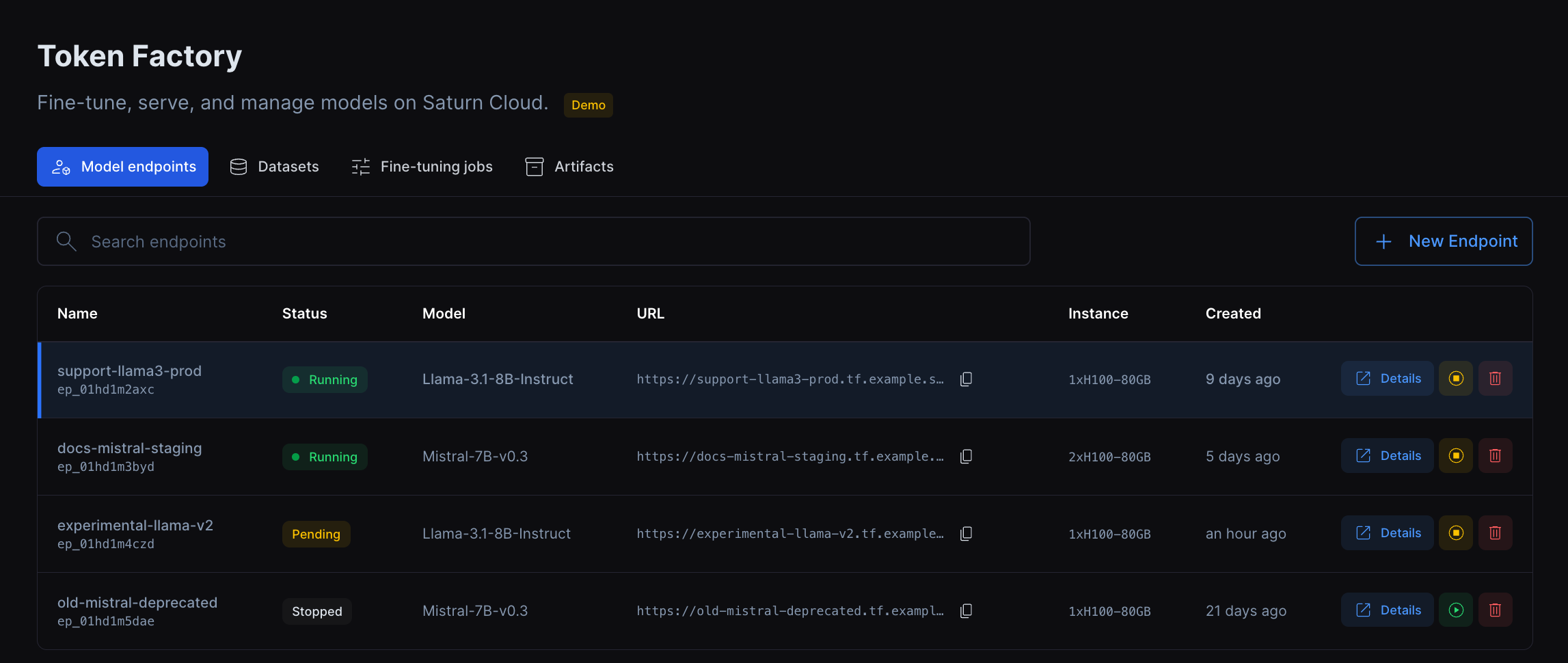 Model endpoints in Token Factory, each a live token-metered endpoint
